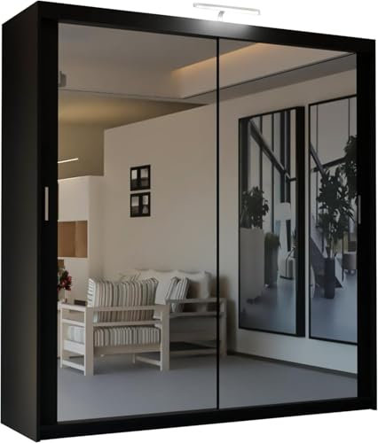 SLIDING WARDROBE 4U Mirror Sliding 2 or 3 Door Wardrobe with LED Light 90cm/120cm/150cm/180cm/203cm/250cm White-Black-Grey-Walnut-Wenge-Oak (Black, 90cm)