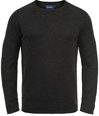 Blend BHDan Herren Strickpullover Feinstrick Pullover mit Rundhalsausschnitt Baumwollmischung Label-Patch Regular fit, Größe:M, Farbe:Black/Charcoal (71527)