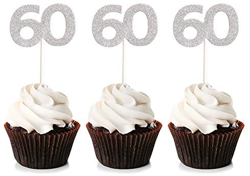 Unimall Global 24Pcs Silber Glitter Nummer 60 Cupcake Toppers 60. Jahrestag Geburtstag Cupcake Picks Kuchen Picks Party Dekoration