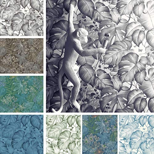Graue Tapete Jungle Blätter Tropical Deko decowall Affen Deko. abwischbare Dschungeltapete aus Vlies