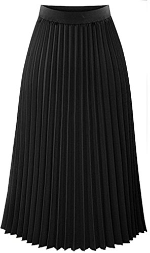 KIMODO Damen Winterrock Plissee Röcke Eleganter Midi-Maxirock Einfarbiger Faltenrock Lang Stretch Elastischer Schmale Passform Plissiert Leger Baumwolle mit Hoher Taille (A-Schwarz, XL)