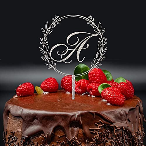 Monogramm Cake Topper, Hochzeit Initialen Monogramm Topper Rustikaler Kranz Personalisierte Topper Natürliche Hochzeit Topper Glitzer Kuchen Topper Silber Acryl Perfekt für Geburtstag Muttertag