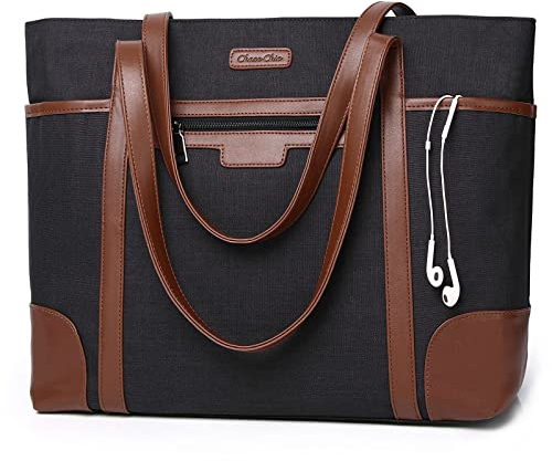 Chase Chic Sac Cabas Femmes,Grande Capacité Sac Ordinateur 15,6 pouces Imperméable Sac Fourre Tout Femmes Sacs De Travail Pour Femmes Avec Sangle De Bagages,Noir et Brun