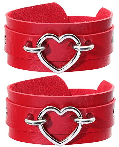 Manfnee 2er Pack Punk Goth Armband für Herren Damen Leder Herz Metall Nieten Manschette Breites Armband Rot