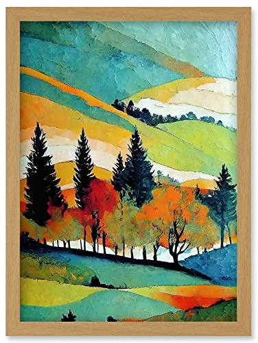 Wee Blue Coo Colourful Autumn Landscape Scotland Hillside Forest Oil Painting Artwork Framed Wall Art Print A4