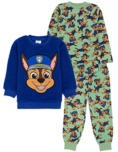 Paw Patrol Boys Pyjama Set | Kids Blue Borg Jumper With Matching Green T-Shirt Long Bottoms PJs | Movie Series Chase the Rescue Pup 3 Piece Pajama Nightwear Merchandise Gift for Children