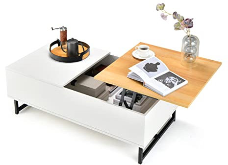 COSTWAY Couchtisch höhenverstellbar, 2 Ebenen Beistelltisch mit Metallrahmen, Sofatisch aus Holz, Kaffeetisch für Wohnzimmer & Büro, 110 x 60 x 38 cm (Weiß)