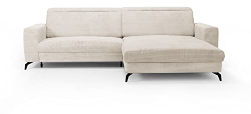 CAVADORE Ecksofa Bounce mit Cord-Bezug / L-Form-Sofa mit Schlaffunktion, Bettkasten + Kopfteilverstellung / 290 x 88-108 x 178 / Breitcord, Creme-Beige