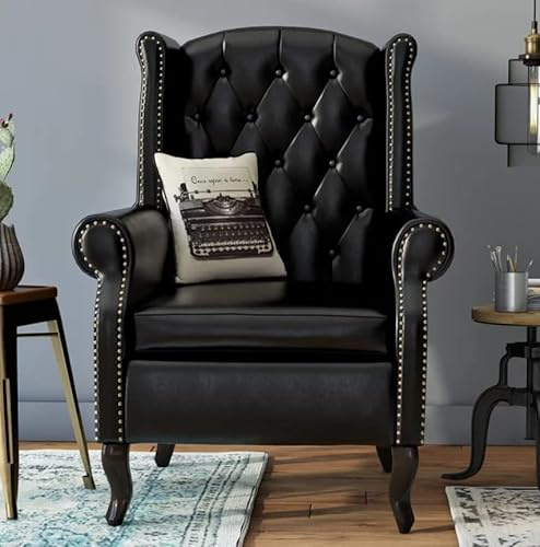 Faux Leather Wing Chair High Back Furniture Queen Anne Chesterfield Armchair Small Black Antique Style Accent Lounge Office Fireside Sofa Seat