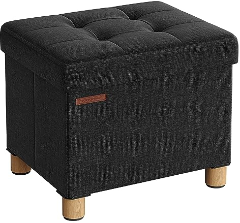 SONGMICS Cassapanca, Pouf Contenitore Piccolo, Poggiapiedi Pieghevole da 32 x 40 cm, Ottomano con Stoccaggio, Regge fino a 300 kg, per Soggiorno, Camera da Letto, Dormitorio, Nero Inchiostro LSF012B11