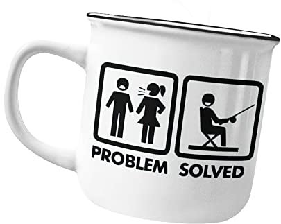 Millhouse Prints Enamel Tin Mug -Problem Solved - Funny Fishing, Camping Mug