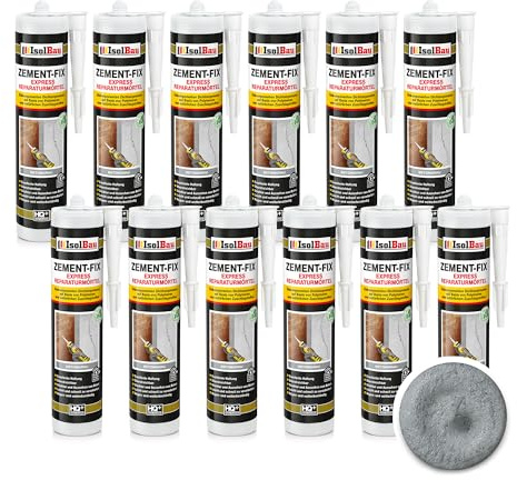 Isolbau Zement-Fix 12 x 300 ml Betongrau Express Reperaturmörtel - Dichtungsmasse für Fugen & Risse im Innen- & Außenbereich, Kartusche