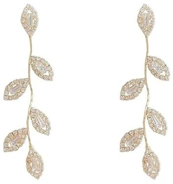 BSLVWG Crystal Leaf Drop Earrings Leaf Tassel Dangle Earrings Rhinestone Drop Gold CZ Crystal Long Earrings Wedding Earrings Jewelry for Bridal Women and Girls (Gold)