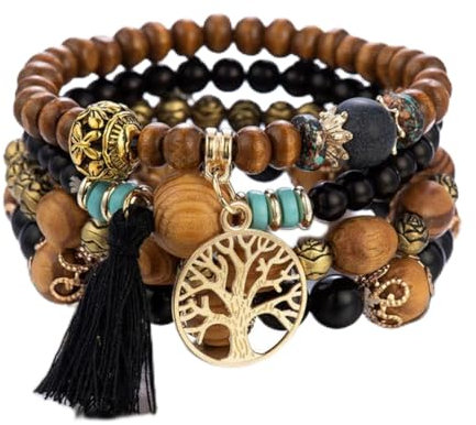 4 Stücke Böhmen Baum Des Lebens Charm Perlen Armband Set Für Frauen Handgefertigte Holzperlen Kette Armreif Weiblichen Boho Schmuck