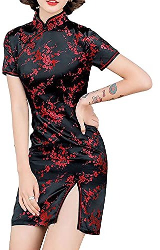 Cheongsam Costume a maniche corte con stampa a spacco alto sul lato tradizionale cinese per Capodanno Partito Bodycon Maxi abito