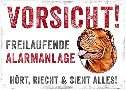 Cadouri Hunde-Warnschild VORSICHT! FREILAUFENDE ALARMANLAGE (Bordeaux Dogge)┊UV-beständig┊Türschild mit Hundemotiv 28 x 20 cm┊tolle Geschenkidee für Hundebesitzer