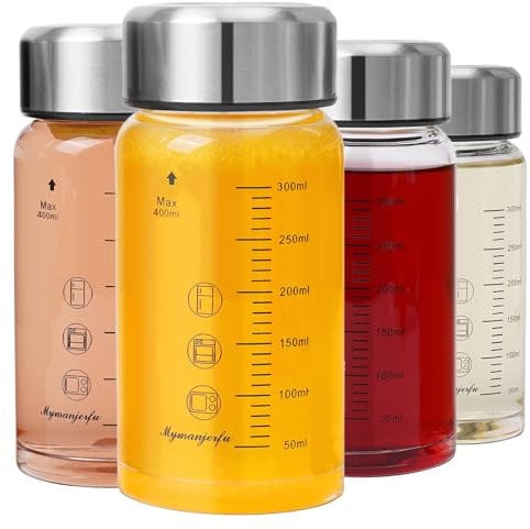 Mymanjerfu Glasflasche 400ml mit Deckel - 4er Pack, Trinkflasche Glas aus Borosilikatglas - Saftflasche, Smoothie & Shaker Becher - Bruchsicher, Spülmaschinenfest & BPA-Frei