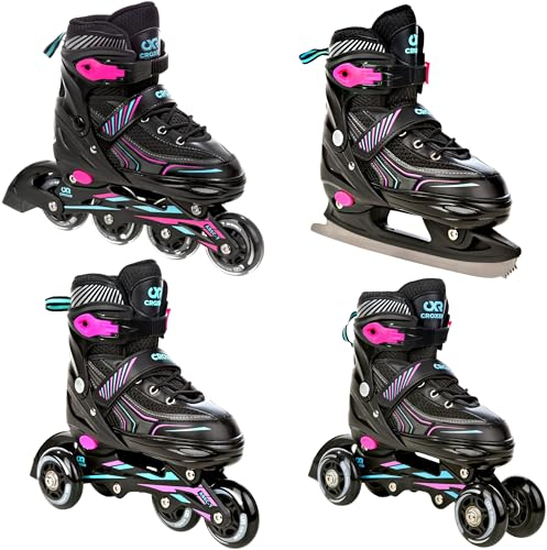 CROXER Optima 4in1 Inline Skates Triskates Rollschuhe Schlittschuhe Inliner für Kinder Erwachsene verstellbar (Mint/Pink, 39-42 (24cm-26,5cm))