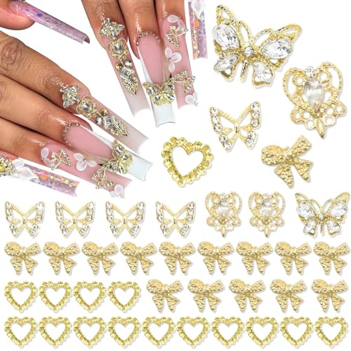 YAEISM 40PCS Gold Nail Charms Crystal 3D Butterfly Charms Alloy Chrome Heart Nail Charms Bling Gold Bows Nails Diamond Nail Jewelry for Nail Art and DIY Crafts Decoration