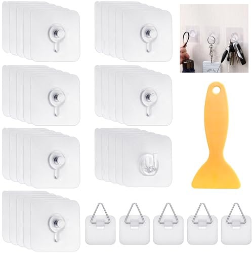 TAIHOBO Picture Hooks No Nails Set, 41PCS Transparent Self Adhesive Picture Hooks, Waterproof Hang Pictures Without Nails for Living Room Bathroom Wall Decoration, 5KG Maximum Load