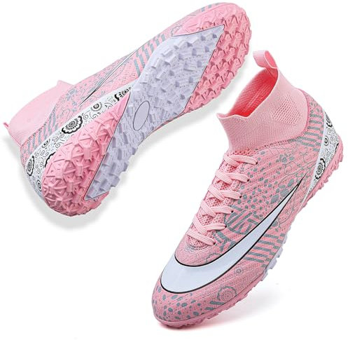 VTASQ Scarpe da Calcio Uomo All'aperto Sportivo Erba Tacchetti Teenager Adulto Training Alte Scarpe da Calcetto Spike Professionale Scarpe da Allenamento Unisex Rosa 40 EU