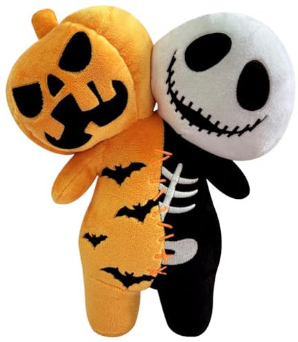 Voodoo -Puppen, 9,8 in leuchtendem Kürbisschädel Halloween Plüschspielzeug, gruselige, gefüllte Dual -Kopf -Leuchten im dunklen Skelett & Kürbis -Plüsch für Kinder Jungen Mädchen und Erwachsene, Hall