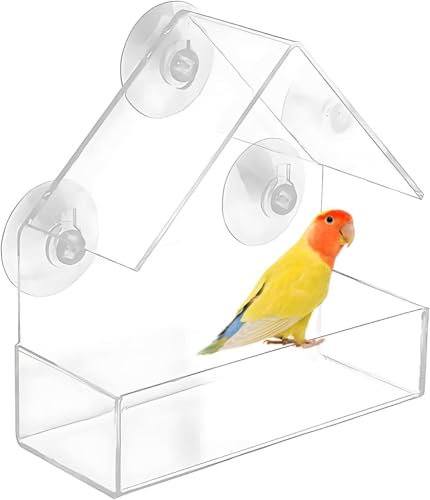 Vogeltränke Balkon, Vogelhaus,Transparent Vogelfutterhaus zum Aufhängen, Futterspender mit Futterkasten und 3 Saugnäpfen, für Wildvögel Finken Bluebirds,15 x 15 x 6 cm