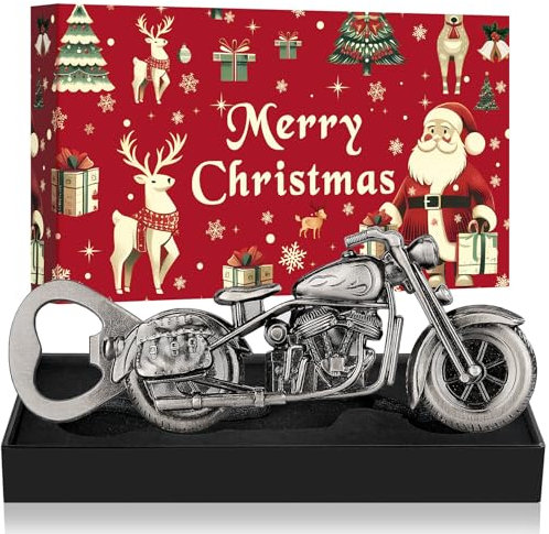 LKKCHER Weihnachtsgeschenke Verpackt Motorrad Flaschenöffner, Weihnachtsgeschenke für Männer Papa Freund, Motorrad Bier Geschenke für Männer, Silber mit Weihnachtsverpackung und Weihnachtskarte