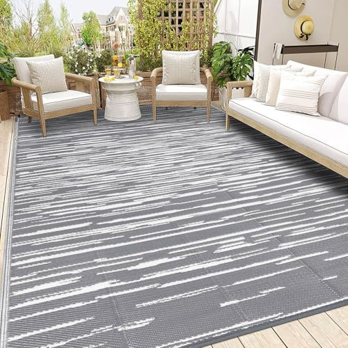 SHACOS Outdoor Teppich Wetterfest 240x300 cm Groß Gartenteppich Wasserfest Balkonteppich UV-bestandig Außenteppich Kunststoff Outdoor Teppich für Terrasse, Balkon, Garten, Picknick, Deck, Grau