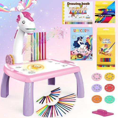 BuzzoXerex Projecteur Dessin Enfants, 48 Pièces Tableau Dessin Projection Enfants Set avec 48 Motifs, Carnet de Croquis, Carnet d'autocollants, Crayons de Couleur pour Enfants 3-10 Ans (Rose)