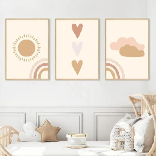 Cartoon-Regenbogen, Sonne, Wolken, Herz, Boho-Gemälde, Kinderzimmer-Poster, Wandkunst, Kinder, Leinwanddrucke, Bilder, Kinderzimmer, Jungenzimmer, Zuhause, 60 x 90 x 3 cm, rahmenlos