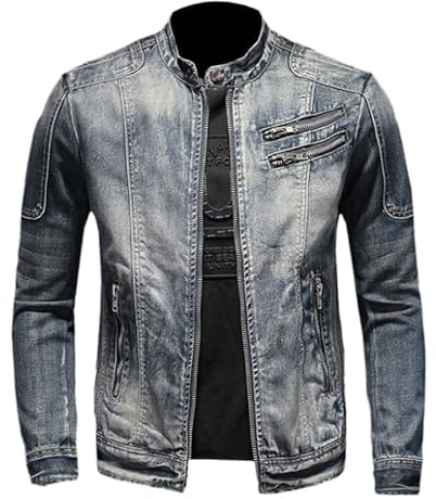KASENFASHION Vintage Herren Jeansjacke mit Reißverschluss – Bomberjacke im Biker-Stil, Stehkragen, Slim Fit, klassische Trucker-Jacke im Cowboy-Design
