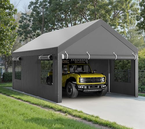 Walsunny Carport Auvent d'auto robuste de 3,7 x 6,1 m avec fenêtres ventilées enroulables, garage portable avec parois latérales amovibles, auvent de voiture avec bâche toutes saisons pour voiture,