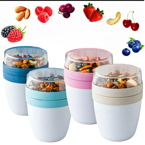 4All BPA FREE MIXME Cereal Cups to GO 650ml Cereal Storage containers With Lids and Spoons Leak Proof Overnight Oats Jars, Yogurt Pots With Lids (Pack of 4)