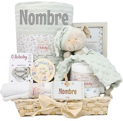 Mababyshop Menta - Cesta de Bebé Personalizada con Manta Burbujas Bordada, Dou Dou de Apego y Chupete Personalizado - Regalo Ideal para Recién Nacidos
