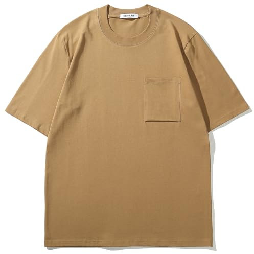 VEIISAR Men's Loose Fit Heavyweight Short-Sleeve Pocket T-Shirt - Mens 100 Cotton Crew Neck Thick Tees, Khaki, Large