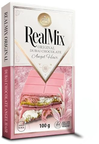 REALMIX Cioccolato Rosa direttamente da Dubai UAE | Vero cioccolato di Dubai aromatizzato al lampone con ripieno di zucchero filato, pistacchi e kadaïf | Prodotto a Dubai E.A.U. (100 grammo)