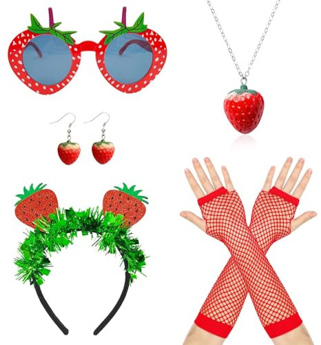 SAIIURV 5 Stück Erdbeer Accessoires Erdbeerkostüm für Damen Erdbeer Haarreif Sonnenbrille Ohrringe Halskette Rote Handschuhe Erdbeer Kostüm für Damen Hawaii Karneval Obst Kostüm Party
