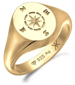 Kuzzoi Anello da uomo in argento sterling 925 placcato oro, con bussola, con simbolo rosa dei venti in argento sterling 925, con sigillo marittimo, misura anello da 60 a 66, 0601292825