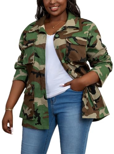 XNMHL Camouflage Jacket for Women Long Sleeve Button outfits for Church, Green, Large