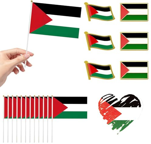 50 Stück Palästina Sticker+6 Stück Palästina Badge Metal kleine+12 Stück Palästina Flagge klein mit Stange,Wetterfeste & UV Schutz Fahnen für Outdoor Dekoration