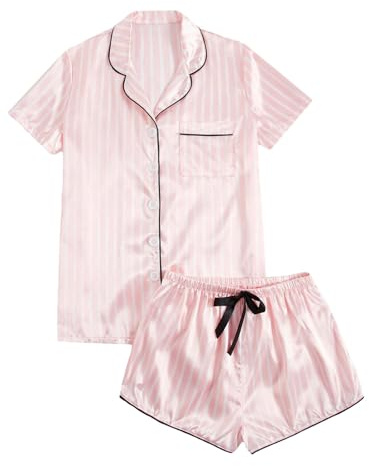 Generisch Ensemble pyjama décontracté en satin de soie à manches courtes et boutonnière pour femme
