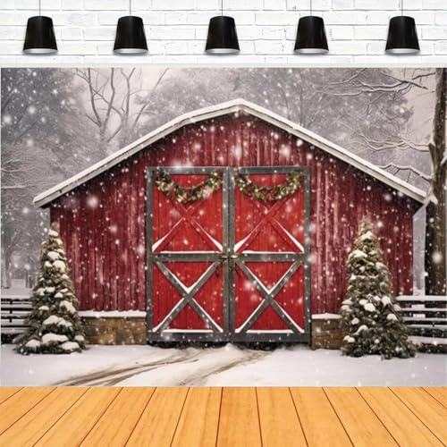 Photographie Toile de Fond Rustique Noël Grange Porte en Bois pour Arbre Neige Cadeau Mur Sol Hiver Famille fête Affiche