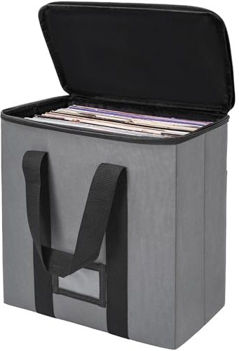 FREEAMG Aufbewahrungsbox für Vinyl-Schallplatten mit Griff, Tragetasche für Schallplatten, Schallplattenkoffer Bietet Platz für über 30 12-Zoll-Schallplatten, Ideal zur Aufbewahrung von Alben (Grau)