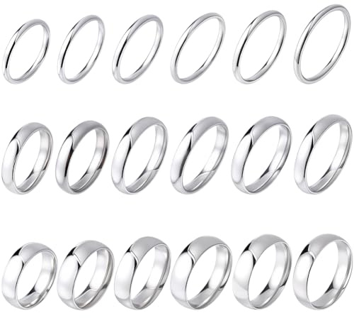 SUNNYCLUE 1 Box Mit 18 Silberringen Silberring Stapelring US Größe 5/6/7/8/9/10/11 Edelstahlfarbe 2mm 4mm 6mm Breit Stapelringe Für Finger Großpackung Für Männer Und Frauen Verlobung Hochzeit Party