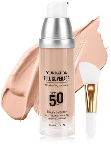 Erinde Flüssige Foundation mit SPF 50, Feine und Seidig-Glatte Textur, Langanhaltende Deckkraft, Feuchtigkeitsspendend und Hochdeckend, Geeignet für gelbliche Hauttöne, Inklusive Foundation-Pinsel #02