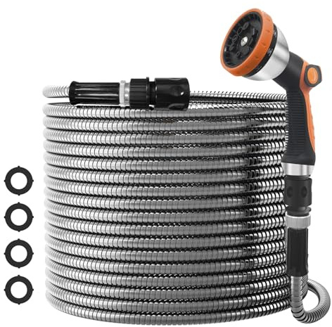 NEYCIL Stainless Steel Garden Hose 100ft, Heavy Duty Garden Hose with Spray Gun, 10-Function Nozzle, Puncture Resistant, No Kink and Tangle, Flexible Metal Water Hose for Yard, Washing, Outdoor
