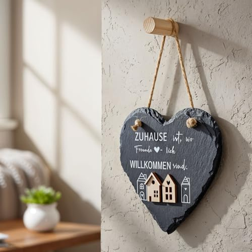 levandeo Wandbild Schieferherz 15x15cm Zuhause Willkommen Türschild Wanddeko Schiefertafel Dekobild Tafel Einweihung Geschenk