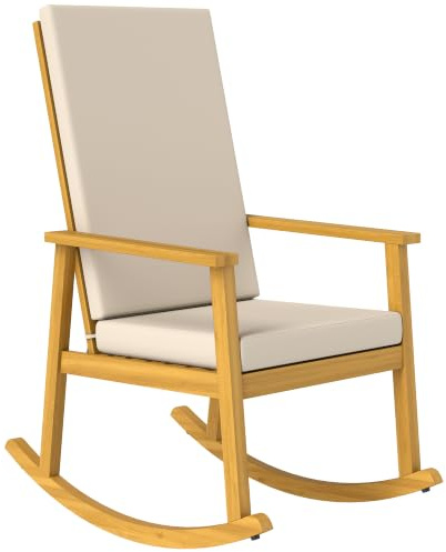 Outsunny Schaukelstuhl aus Akazienholz mit Kissen 60 x 89 x 107 cm Beige | Schaukelsessel mit Hoher Rückenlehne, Gartenstuhl bis 160 kg, Outdoor Relaxstuhl, Schwingsessel für Garten Balkon Terrasse