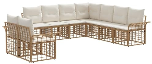 vidaXL Outdoor-Sofagarnitur 9 pcs Natürlich und Cremweiß Polyester, Stylisches Outdoor-Modularsofa, wetterfestes Set, verstellbare Füße, gemütliche Gartenmöbel